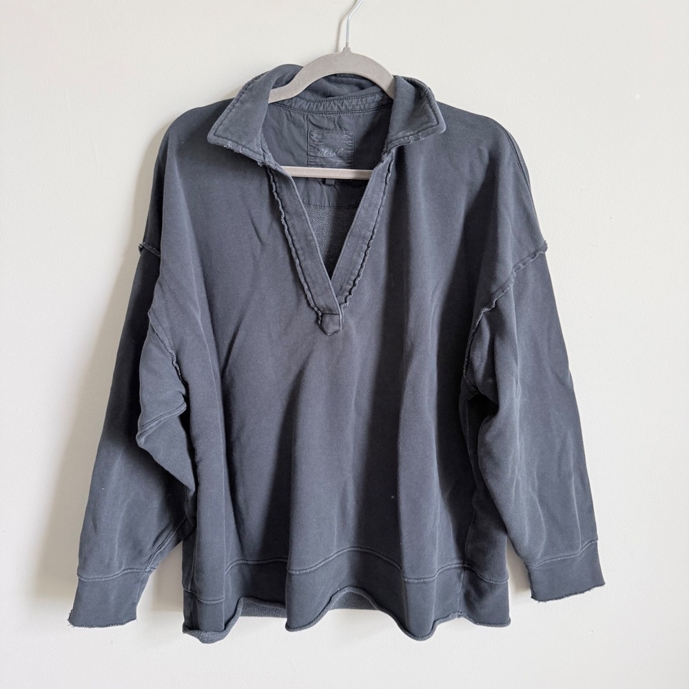 Aerie Womens Oversized Polo Sweatshirt Gray V-Neck Raw Edge Pullover Medium